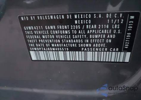 2013 Volkswagen Jetta 2.5L Se from USA, damaged, VIN 3VWDP7AJ8DM405519